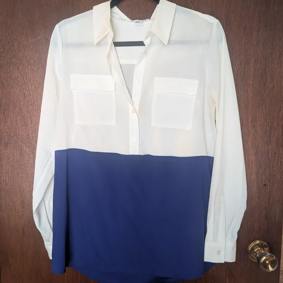 Calvin Klein White and Blue Half Button Down Shirt - Picture 2 of 6